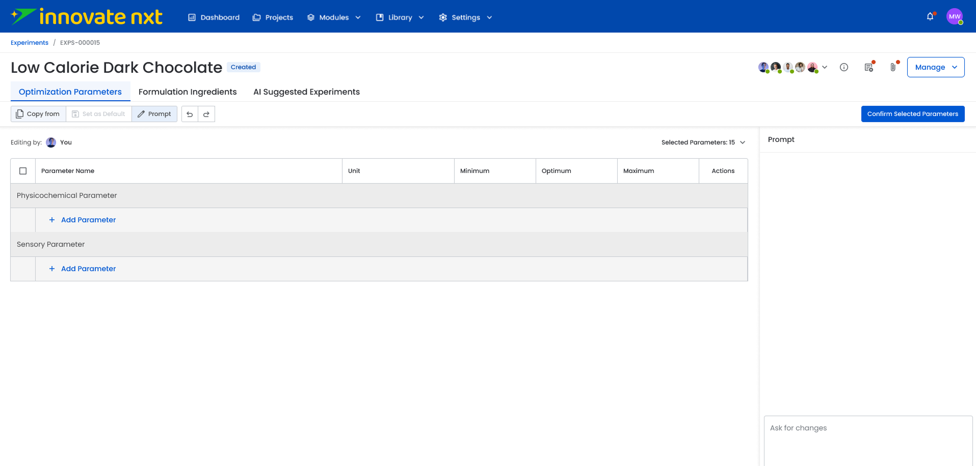 Innovate Nxt optimization parameter workspace